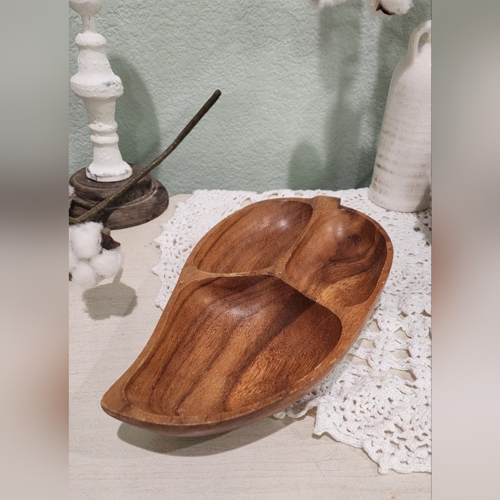 Vintage Leaf Shaped Monkeypod 3 Sectioned Wooden Bowl